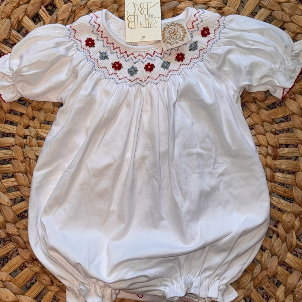 The Beaufort Bonnet Company White and Red Smocked One Piece